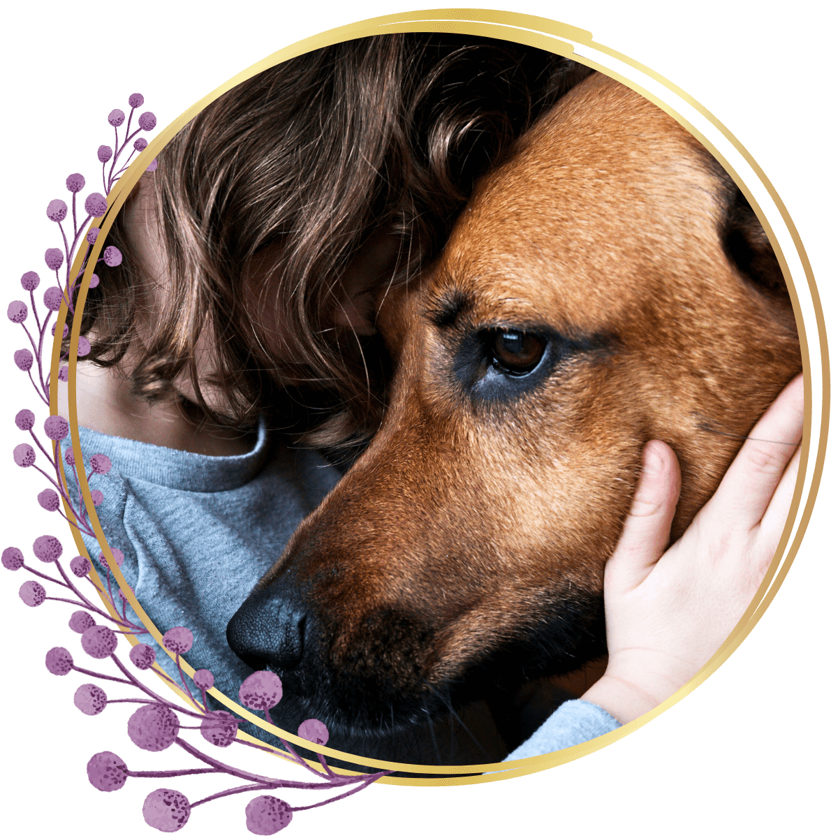 closeup of a brown dog being kissed by a young child inside a floral-themed circular gold frame