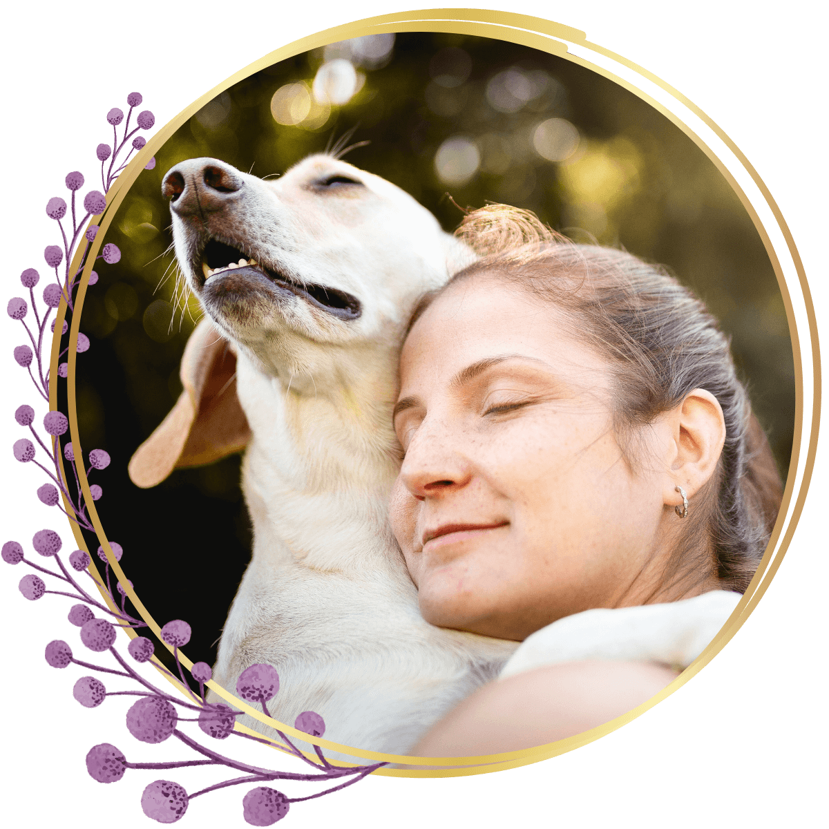 closeup of a woman blissfully hugging her dog outdoors inside a floral-themed circular gold frame