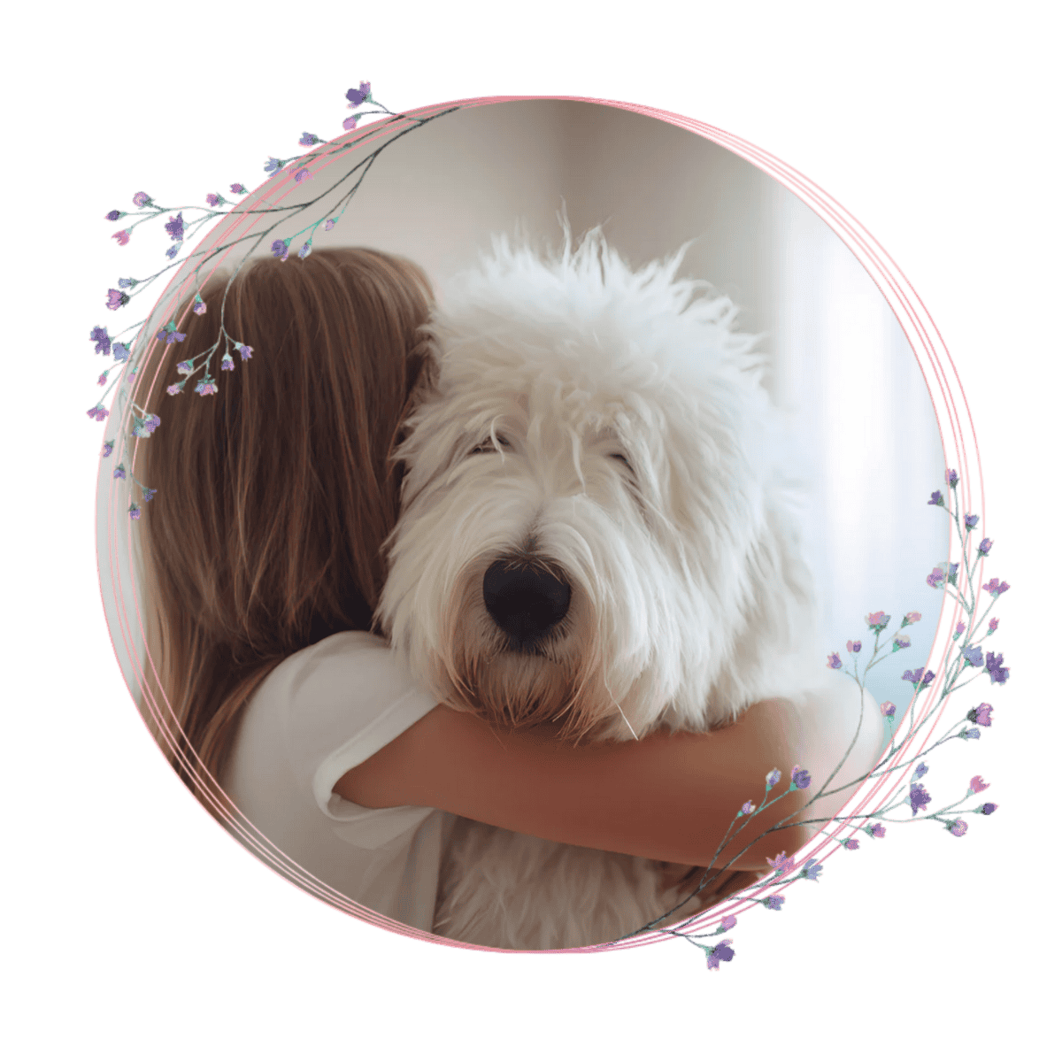 A child is hugging a large white dog