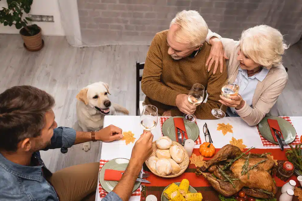 a family at the dinner table on Thanksgiving and their labrador dog on the floor next to them